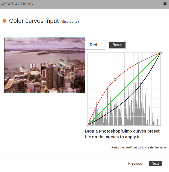 Gamma correction using color curves dialog